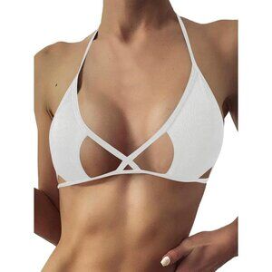 🆕Women's White Cut Out Tie Knot Halter Swimwear Triangle Bikini Top